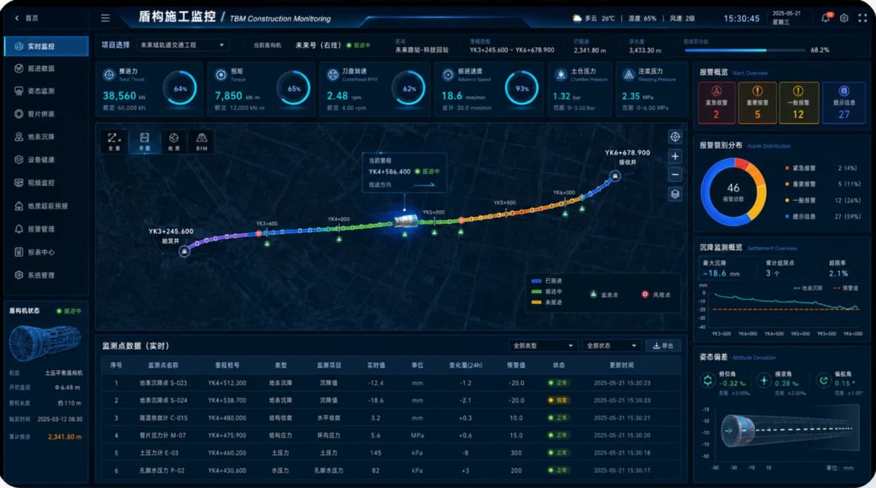 TDMS dashboard integrating tunnelling parameters, alignment, surrounding-environment monitoring, progress, and alerts.